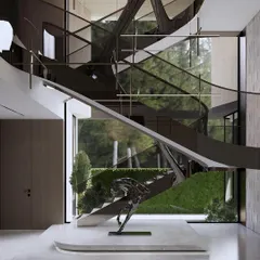 The staircase in our Meraki project is a sculptural marvel that anchors the entire space. Its complex, branching form is both a functional element and a stunning piece of art, viewed here with a dynamic horse sculpture at its base.