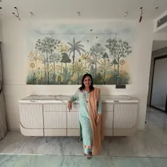 The completed 3D wall mural above the dining console. The combination of textures and soft colors creates a beautiful focal point that is both artistic and serene.