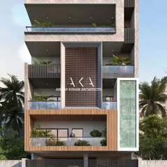 A design for a tall, narrow private habitat, showcasing how verticality can be used to create a spacious and modern home on a compact urban plot. The facade mixes wood, glass, and a central decorative screen.
