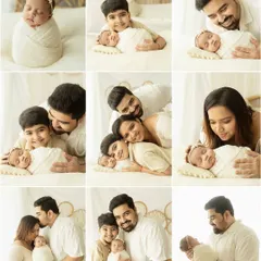 A beautiful summary of a family's first photoshoot. This collage includes solo shots of the newborn, sibling photos, and full family portraits.