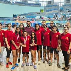 The entire Ace Aquatic family, including swimmers and proud parents, celebrating our 'Best Academy' award at the Delhi Open Swim Meet. This is a team effort.