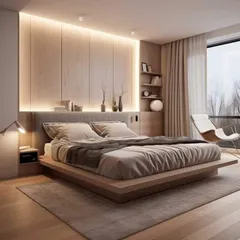 This minimalist bedroom design uses a light wood platform bed and a full-wall headboard with integrated backlighting. The result is a calm, hotel-like atmosphere perfect for relaxation.