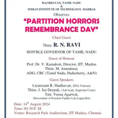 The event poster for 'Partition Horrors Remembrance Day' at IIT Madras, where I was a guest speaker alongside the Hon'ble Governor of Tamil Nadu. It is vital to remember our history to secure our future.