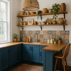 This bohemian kitchen balances function and free-spirited style with its deep blue cabinetry, open wood shelving filled with earthy ceramics, and a vibrant patterned tile backsplash.