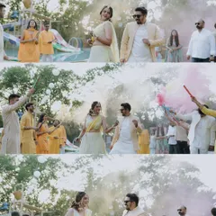 More moments from the smoke-filled Haldi party. These shots show the genuine fun and excitement of the couple and their guests.