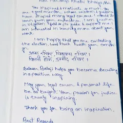 A handwritten note from a young advocate expressing his inspiration. Notes like these motivate me to continue my work and honor the trust placed in me.