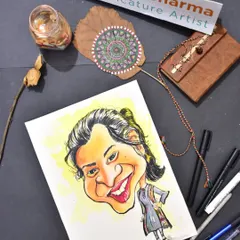 A solo caricature displayed on my desk. I love creating these personalized pieces and imagining the smile they'll bring to someone's face.