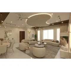 A wider view of the open-plan living and dining area, showing the cohesive design language. The combination of wood-paneled ceilings and soft, modern furniture creates a warm and contemporary feel.