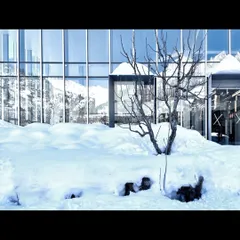 The glass facade of the Hamsa Resort reflects the snow and sky, making the building an active participant in the changing light and weather of the Solang Valley. This material choice contrasts with the organic forms of the surrounding apple orchard.