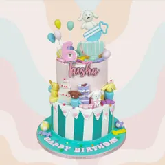 Celebrating Taisha's 6th birthday with this whimsical two-tier pastel creation. It’s filled with playful characters and fun details, perfect for a one-of-a-kind party.