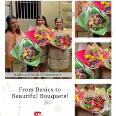 From the basics of flower handling to creating beautiful, professional hand-tied bouquets, our students bloom with confidence. This collage shows proud students from our certificate course showcasing the vibrant bouquets they designed and created themselves.