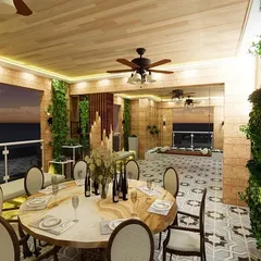 A detailed 3D render of the dining setup for the Bhiwandi terrace project. This visualization helps clients approve every detail, from the furniture style to the material finishes, before construction begins.