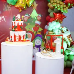 A close-up of a Christmas-themed cake table. Details like the themed cake, marquee number, and decorative props on plinths are essential for a cohesive look.