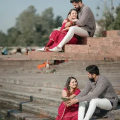 A collage showing a couple in traditional attire sitting on the ghat steps, sharing a tender moment and making an offering to the river.