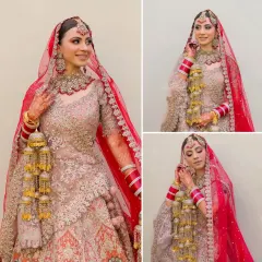 A collage of bridal portraits showing different angles and expressions, highlighting the intricate details of her jewelry, chooda, and kalire.
