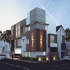 A contemporary 4-bedroom duplex on a 50x30 corner plot in Kammanahalli. The night view highlights how I use architectural lighting to accentuate the building's form, creating a dynamic composition of solid masses, wood cladding, and illuminated voids.