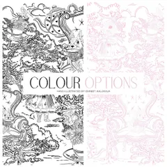 I offer my designs in different colour options to suit your needs. Here you can see the 'Tea Among the Trees' pattern in both detailed monochrome and a soft, dreamy pink line art version.