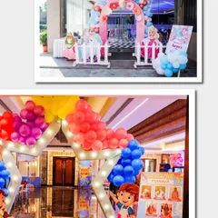Two more examples of eye-catching entrances: a princess theme with a pink castle arch and a vibrant art theme with a light-up star arch.