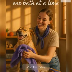 Bath time should be a happy time. We use high-quality, gentle products and warm water to make the dog bathing experience soothing and comfortable. Look at that relaxed smile after a good towel dry.