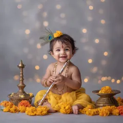 A classic Little Krishna portrait, where the baby's bright smile shines against a backdrop of soft bokeh lights. Holding a silver flute and adorned with a peacock feather, this image captures the playful and divine essence of Bal Gopal.