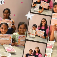 A collage capturing the sweet moments and even sweeter creations from our kids' bento cake class. Look at those happy faces!