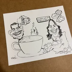The first step: a clean black and white ink drawing. This is the foundation of the expecting couple caricature, where I define their features and the overall composition.