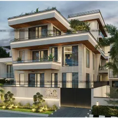 This residence achieves a timeless Indian aesthetic through its material palette. We used a combination of Gwalior Mint and Moca Cream stones for the facade, complemented by layered rooflines and integrated lighting to create an aura of classic luxury.