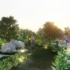 This pathway in the Sattva project's 'Sculpture Park' is illuminated by low-level lighting, highlighting the texture of the walkway and the surrounding boulders. The design creates a safe and atmospheric trail for evening strolls amidst nature and art.
