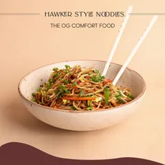 The OG comfort food: my Hawker Style Noodles. These noodles are stir-fried with fresh vegetables and a savory sauce, capturing the authentic taste of Asian street food with high-quality ingredients.