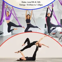Join our upcoming Aerial and Acro Yoga workshop. This poster gives you all the details to register for a weekend of learning modern yoga forms under expert guidance.