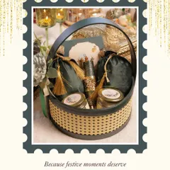 Because festive moments deserve festive indulgence. This beautiful cane basket hamper is filled with treats and can be customized for any celebration you have in mind.