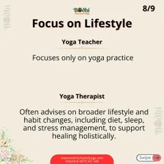 A yoga teacher focuses on the yoga practice itself. As a yoga therapist, I advise on broader lifestyle changes, including diet, sleep, and stress management, to support healing holistically.