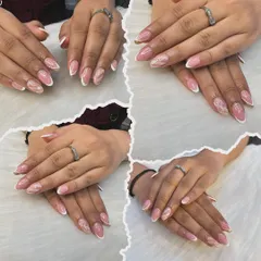 This collage shows a beautiful set combining classic white French tips with accent nails featuring pink marble and gold glitter details.