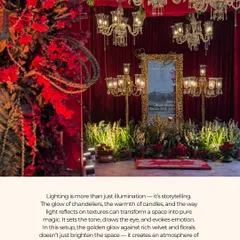 A dramatic, red-themed reception space filled with multiple chandeliers and candelabras. The golden light reflecting off the velvet drapes and floral arrangements creates an atmosphere of pure magic and grandeur.