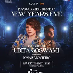 The poster for Bangalore's Biggest New Year's Eve, featuring celebrity DJ Udita Goswami. The design uses a celestial theme and premium typography to convey a sense of glamour and scale, attracting a crowd looking for a high-end celebration.