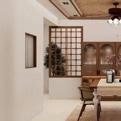 My client Bhuvana wanted a crockery unit that didn’t feel bulky. I designed this piece with fluted glass and rattan accents, paired with a warm wood dining table, to create a space that is simple, functional, and totally her vibe.