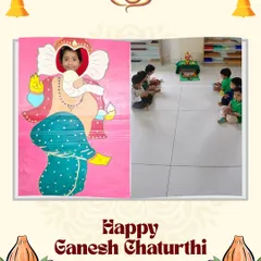 A child peeks through a Ganesha cutout during our festival celebrations. Moments of playful fun are woven into our cultural learning, creating happy memories and a positive association with tradition.