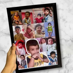 This A4-sized photo frame collage is inspired by Pinterest layouts. It’s a wonderful way to showcase a collection of moments from your child's year, with one special photo highlighted in the center.