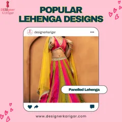 This image features a popular panelled lehenga design, characterized by its vibrant, multi-colored vertical panels that create a beautiful flare. We can customize this style with your choice of colors and fabrics for a truly unique look.