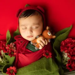 Adding a tiny, soft-toy reindeer brings a touch of whimsy to this Christmas-themed newborn photo. I carefully select props that are safe for your baby and add a storytelling element to the portrait.