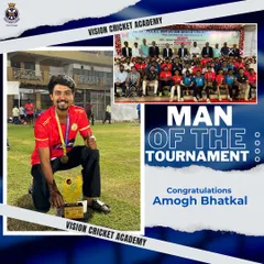 Leading by example. A graphic celebrating coach Amogh Bhatkal being named 'Man of the Tournament' in the prestigious Police Shield tournament for scoring 460 runs in 6 innings.