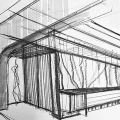 An early concept sketch for the neoclassic villa, capturing the essence of the design with bold, expressive lines. This initial drawing explores the relationship between form, light, and the creation of an elegant, modern classic space.