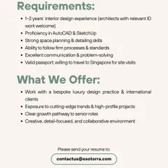 This ad lists the requirements and benefits for the remote Interior Designer role at Eso Torra Indesigns, including exposure to international clients and high-profile projects.