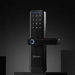 A hero shot of the Phynart smart lock, placed on geometric blocks. The dark, moody lighting with the glowing blue fingerprint sensor gives it a futuristic and secure look.