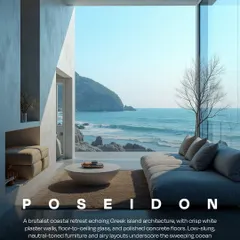 An AI-generated concept inspired by Poseidon. This brutalist coastal retreat features crisp white plaster walls and floor-to-ceiling glass, echoing Greek island architecture and capturing the tranquil yet powerful feel of the ocean.