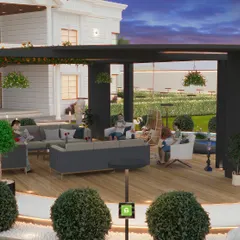 A closer view from the 3D model, showing how people would interact with the space. This helps the client visualize the scale and functionality of the outdoor lounge.
