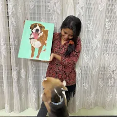 There's nothing like seeing a pet's reaction to their own portrait! This oil painting captures the happy spirit of this dog, and getting his enthusiastic approval was the best part.