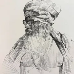 A pencil sketch of a sadhu, focusing on the texture of his long beard and the details of his expression. This type of expressive portrait is perfect for capturing character and personality.