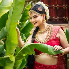 A playful and natural shot. The model is wearing a full antique set, including a traditional nose ring and jhumkas, which are all part of the rental package.