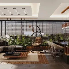 A complete view of a terrace sunroom designed with an integrated living and dining area. The space includes a modern kitchen, a comfortable lounge, and a hanging swing chair, all surrounded by large windows and lush planters.
